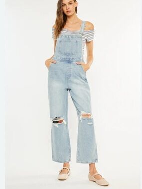 KanCan Womens Becky 90s Denim Overalls Distressed Straight Leg Size XL